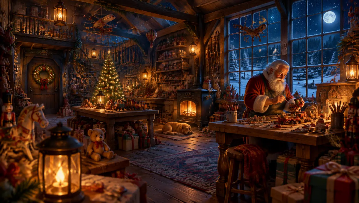 L'atelier du Père Noël illuminé par des lanternes, une nuit de neige
